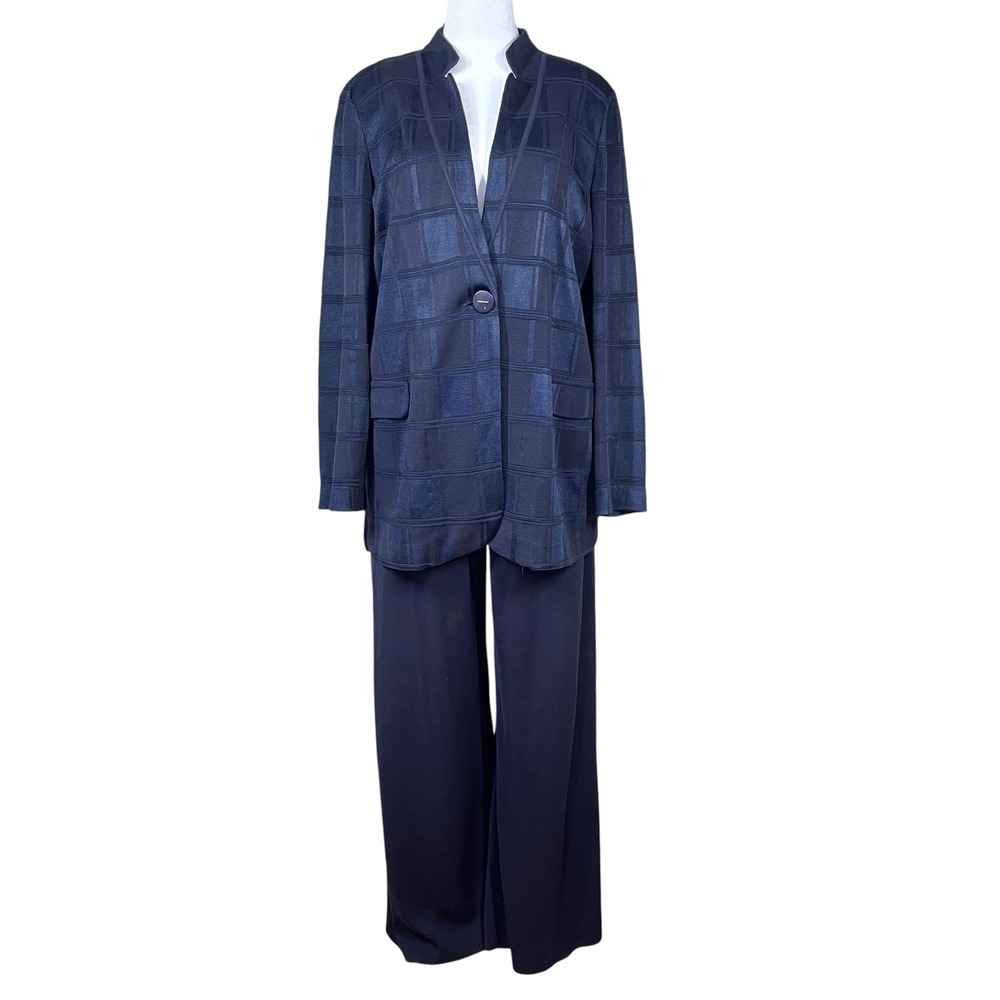Misook Tailored Tonal Windowpane Knit Pant Suit XL Navy Long Jacket Wide Leg